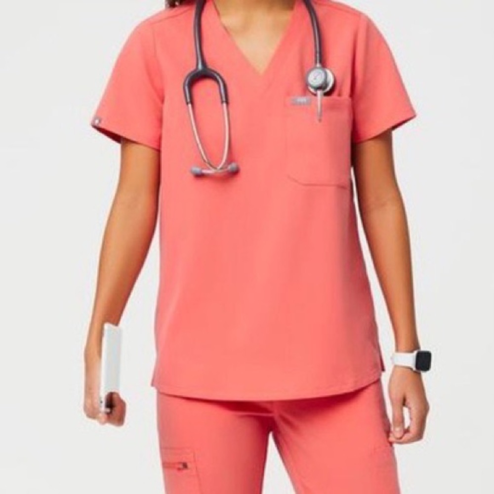 Figs Hot Coral Catarina One Pocket Scrub Top